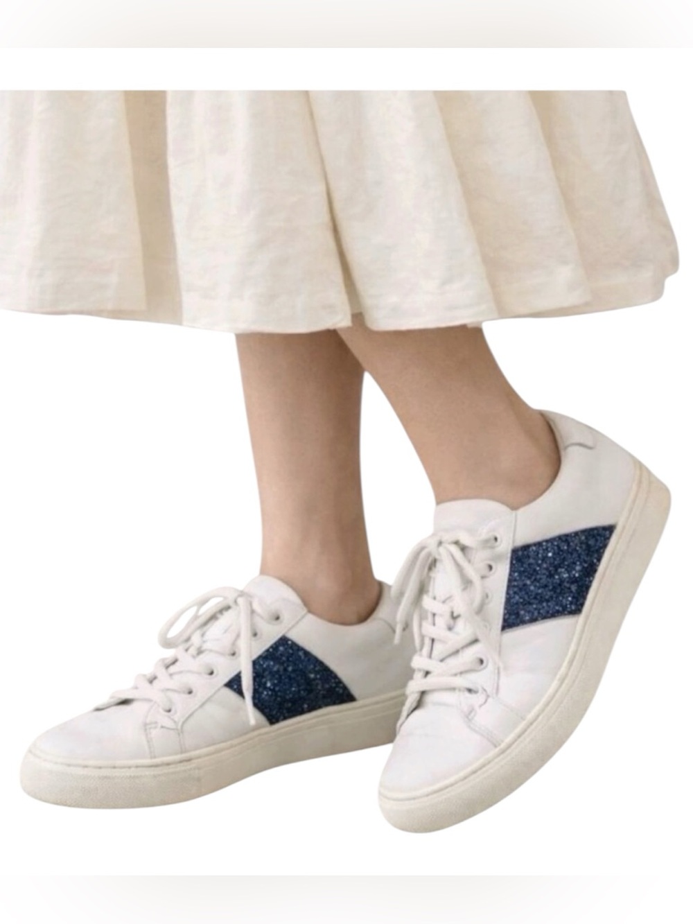 Tory Burch Carter White Leather Blue Glitter Sneakers Size 8M - Picture 2 of 8